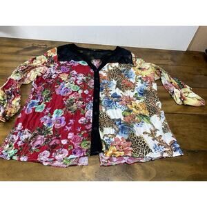 Calessa Top Womens XL Multi Floral Print Mesh Inset Roll Tab Button Shirt